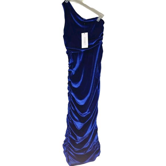 Blue Velvet Bandeau Maxi Dress One Shoulder Size Small Ruch Red Carpet Glam - Picture 2 of 14